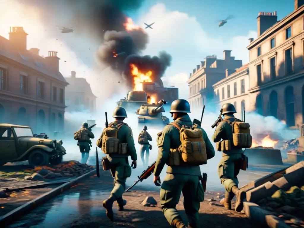 Avance estratégico de soldados en Battlefield V Soldados avanzan estratégicamente en una ciudad devastada por la guerra en Battlefield V, mostrando estrategias para dominar el juego