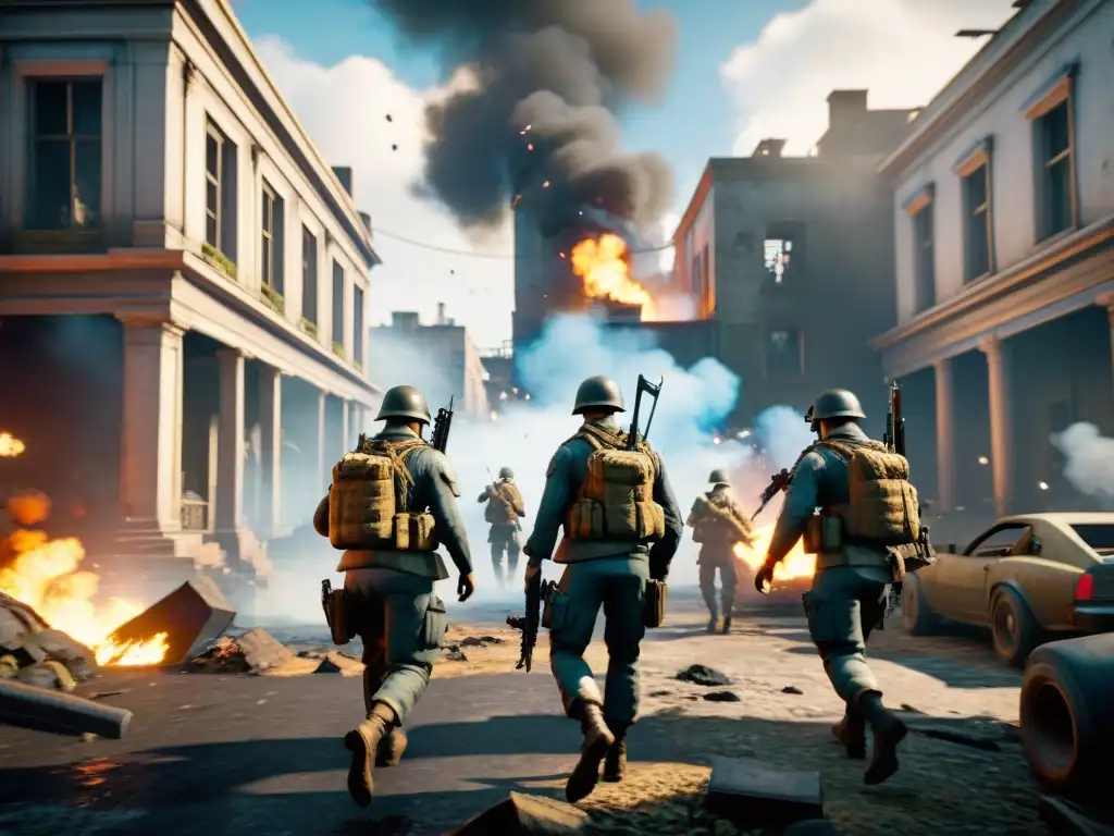 Equipo táctico avanzando en campo de batalla en Battlefield V Soldados coordinados en un campo de batalla en Battlefield V, demostrando estrategias para dominar el juego