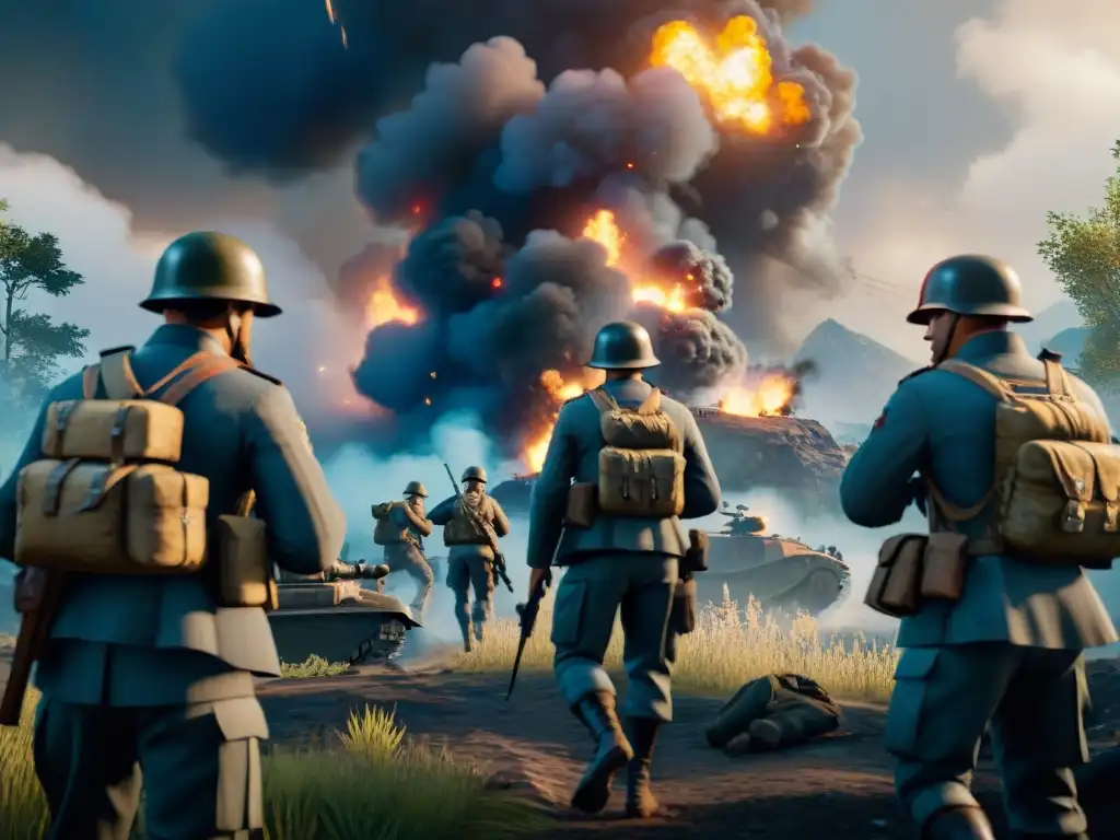 Soldados en acción: Estrategia y coordinación en Battlefield V Soldados coordinando estrategias para dominar Battlefield V en un campo de batalla devastado por la guerra, con explosiones y humo de fondo