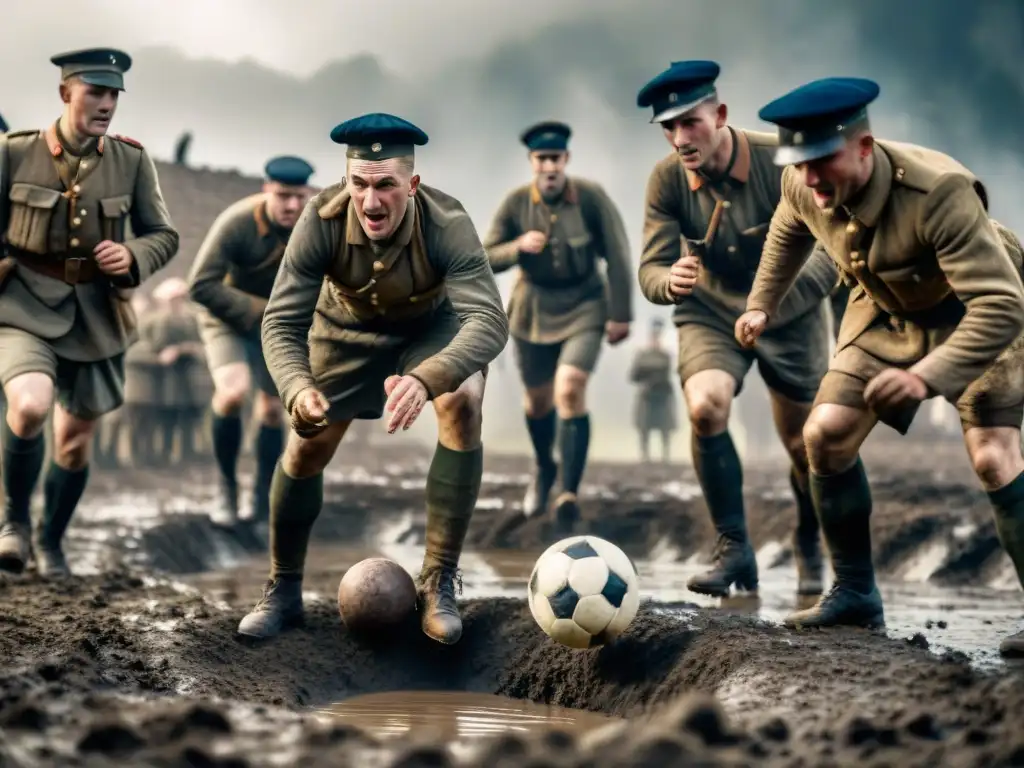 Soldados europeos juegan fútbol en trincheras de la Primera Guerra Mundial, mostrando el impacto en deportes europeos