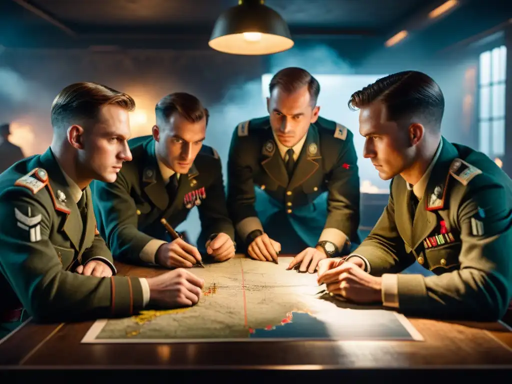 Planificación estratégica en la Segunda Guerra Mundial Soldados en guerra de WWII planifican estrategias para dominar Battlefield V en una sala oscura y tensa