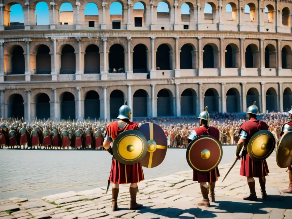 Soldados romanos en formación frente al Coliseo en Roma, recreando eventos históricos