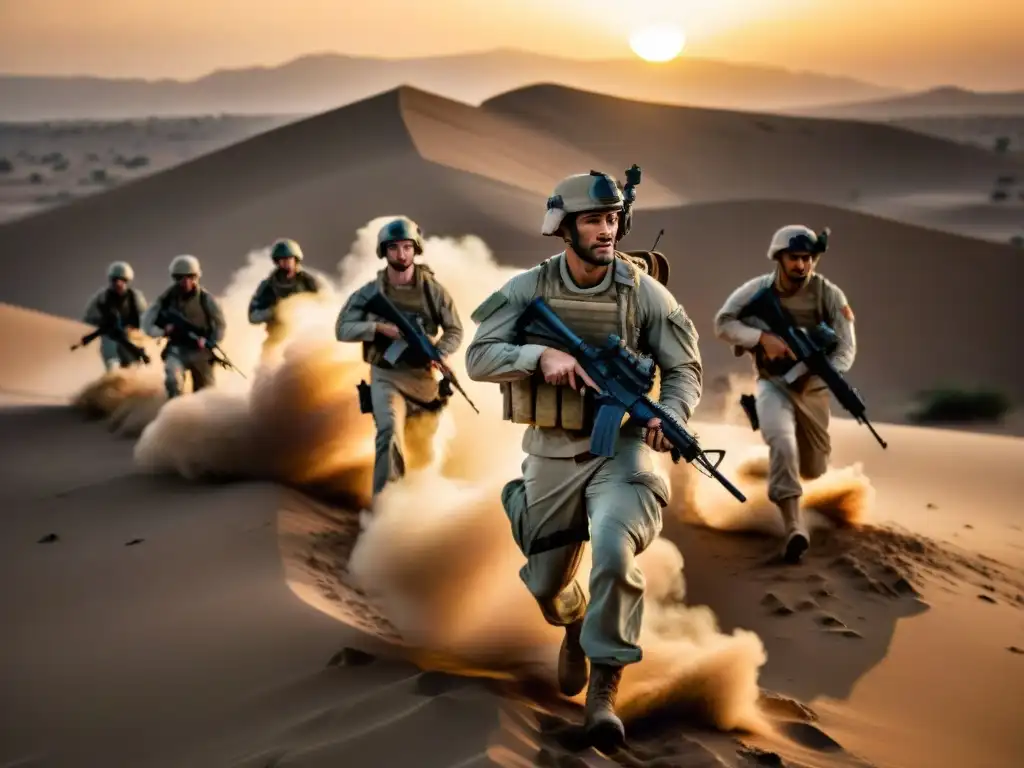 Soldados en simulacros militares en Oriente Medio: entrenamiento intenso al atardecer en el desierto, con uniformes y rifles realistas