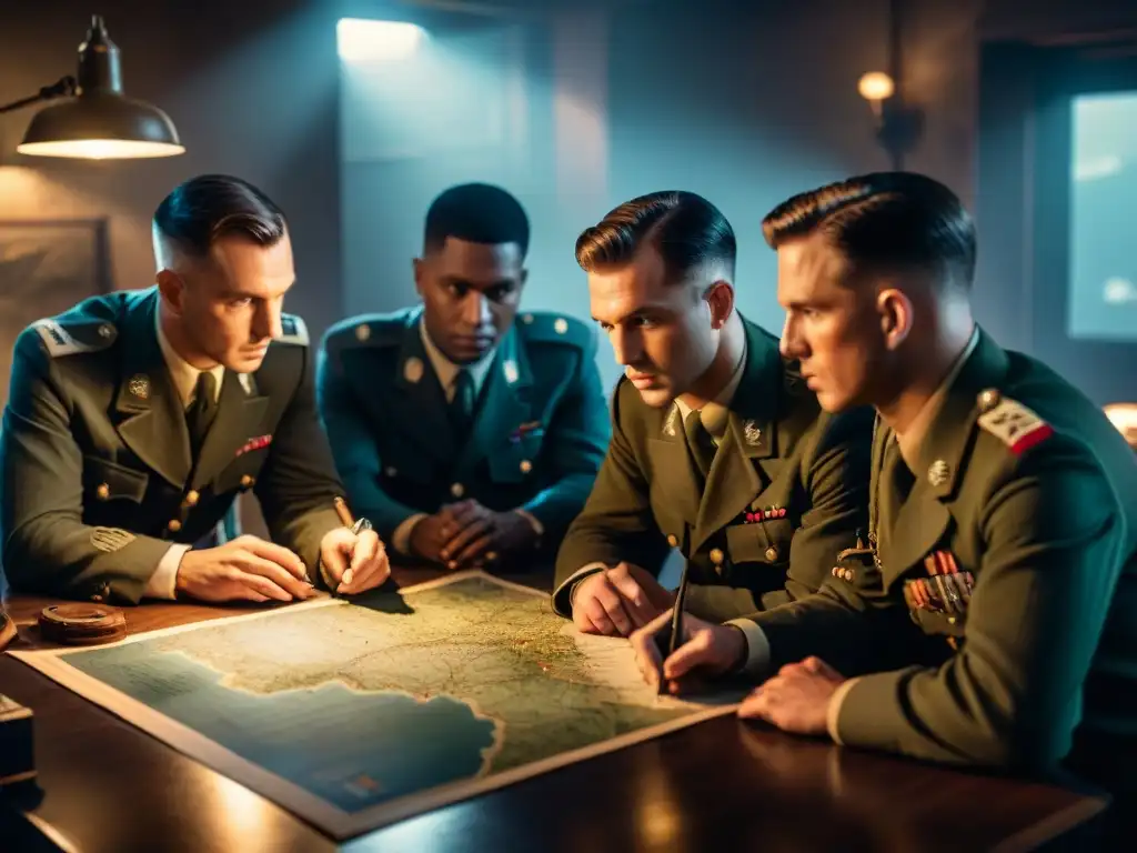 Reunión estratégica de soldados en la Segunda Guerra Mundial Soldados en uniformes de la Segunda Guerra Mundial trazan estrategias para dominar Battlefield V en una sala de guerra iluminada tenue