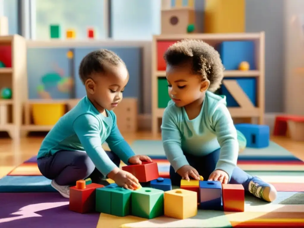 Soluciones creativas juegos educación: Niños diversos construyen juntos con bloques coloridos en un aula soleada