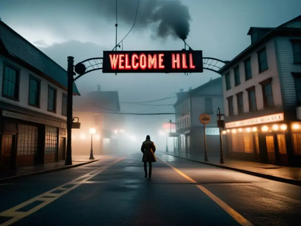 Un sombrío y neblinoso callejón en Silent Hill, con estructuras metálicas retorcidas y un letrero que dice 'Bienvenido a Silent Hill'