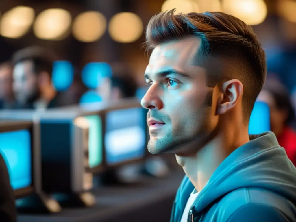 Speedrunner concentrado en juego con multitud emocionada Un speedrunner concentrado rodeado de pantallas con estrategias, mientras una multitud anima en una convención de videojuegos