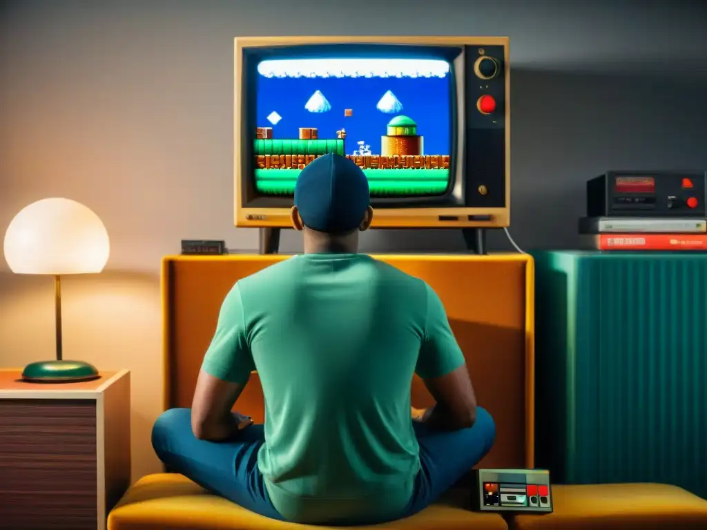 Un speedrunner concentrado rompiendo récord en Super Mario Bros frente a una TV vintage