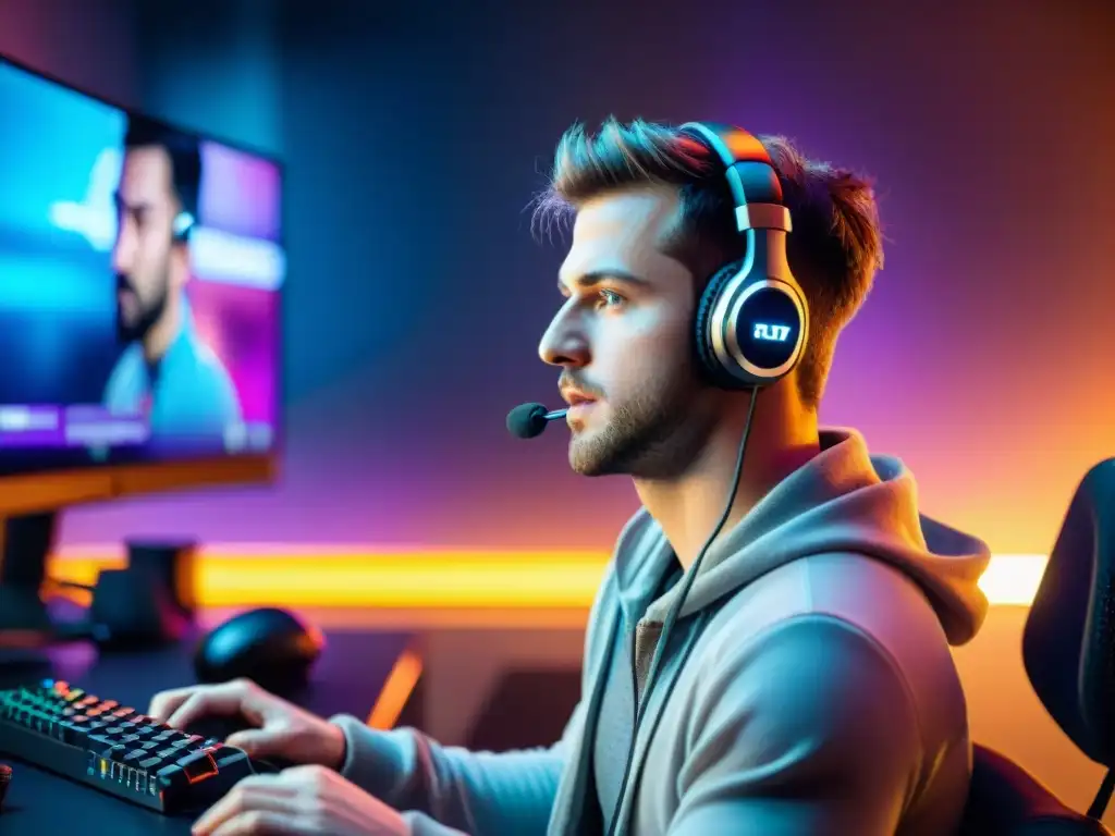 Un streamer de Twitch concentrado en una sesión de videojuegos, rodeado de monitores y comentarios de audiencia