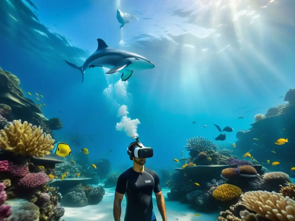 Exploración submarina en realidad virtual con coral, peces y ballena