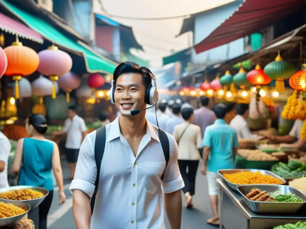 Sumérgete en una experiencia gastronómica tailandesa virtual, guiada por un experto en un bullicioso mercado callejero de Bangkok