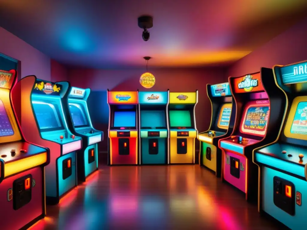 Sumérgete en el valor de juegos clásicos digitalizados en una sala de arcade vintage llena de color y nostalgia