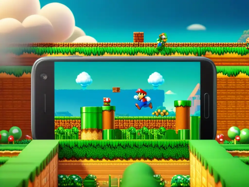 Comparación entre Super Mario Bros de los 80s y su adaptación en smartphone, mostrando la evolución de juegos icónicos mundo