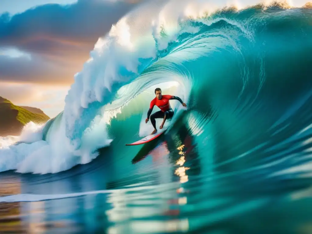 Un surfista latinoamericano surfeando una ola gigante al atardecer, destacando la fusión de deportes extremos y belleza natural en América Latina