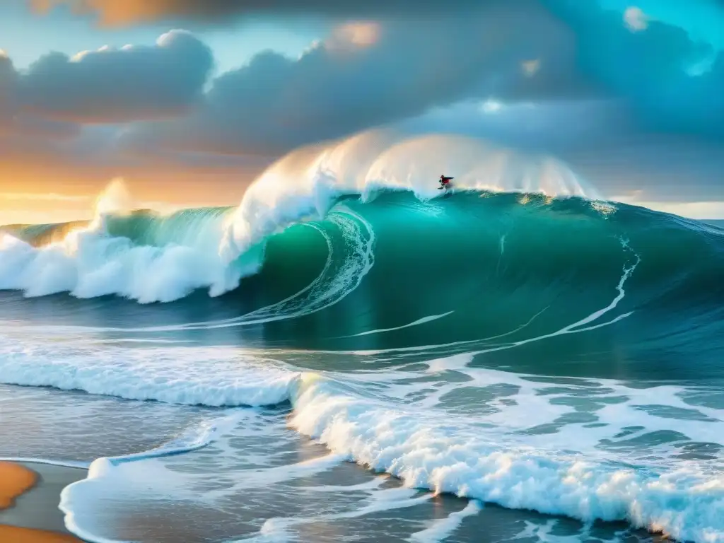 Surfistas desafiando olas gigantes al atardecer, reflejando la cultura del surf y la evolución