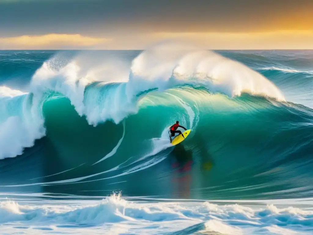 Surfistas desafían olas gigantes al atardecer, capturando la emoción y belleza de la cultura del surf y evolución