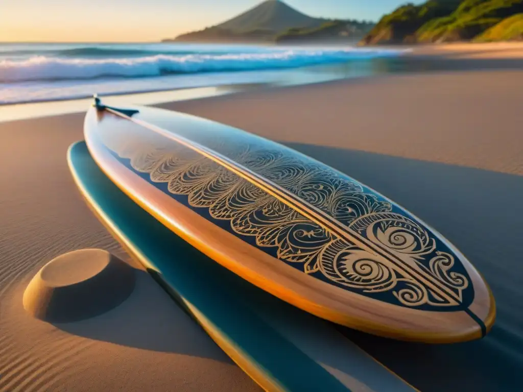 Tabla de surf japonesa de madera con tallados detallados en playa al amanecer, fusionando historia y deporte