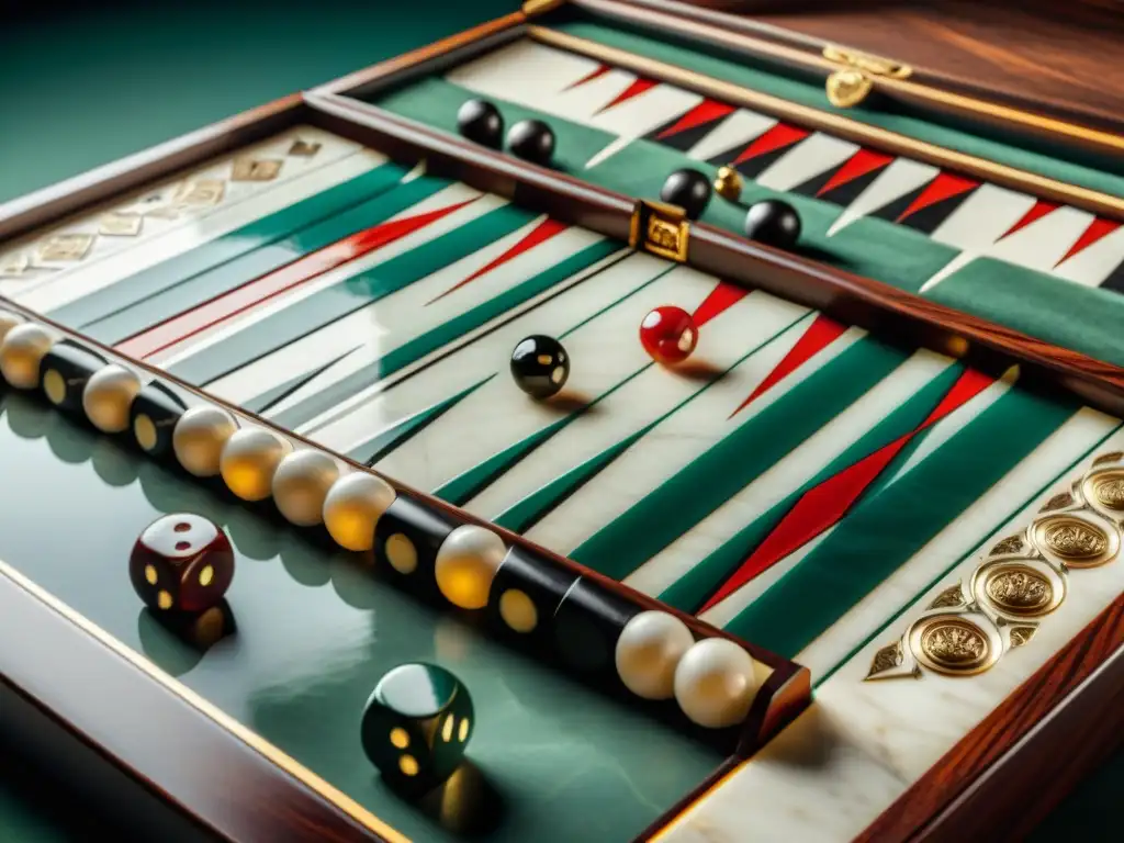 Un tablero antiguo de Backgammon esculpido en mármol, con diseños intrincados y piezas ornamentadas, evocando la historia del Backgammon en culturas