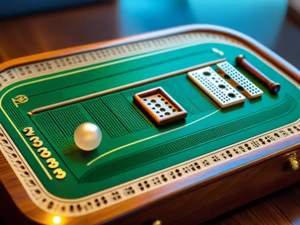 Un tablero de Cribbage antiguo con detalles tallados, rodeado de instrumentos navales y mapas, evocando la historia del juego de Cribbage