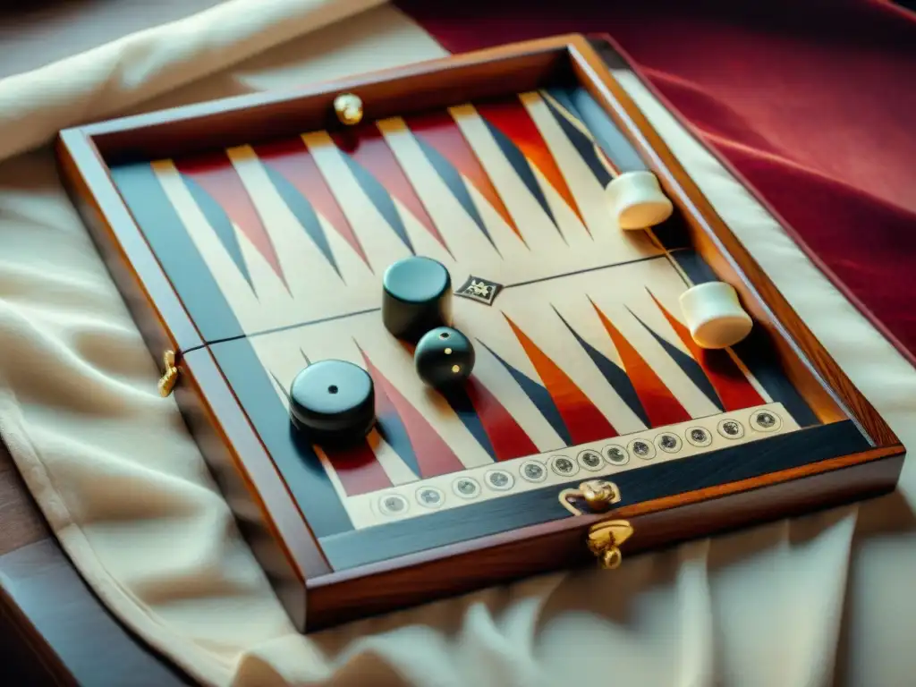 Un tablero de backgammon de mármol antiguo con marcas de siglos de juego, rodeado de pergaminos con la historia del backgammon a nivel mundial