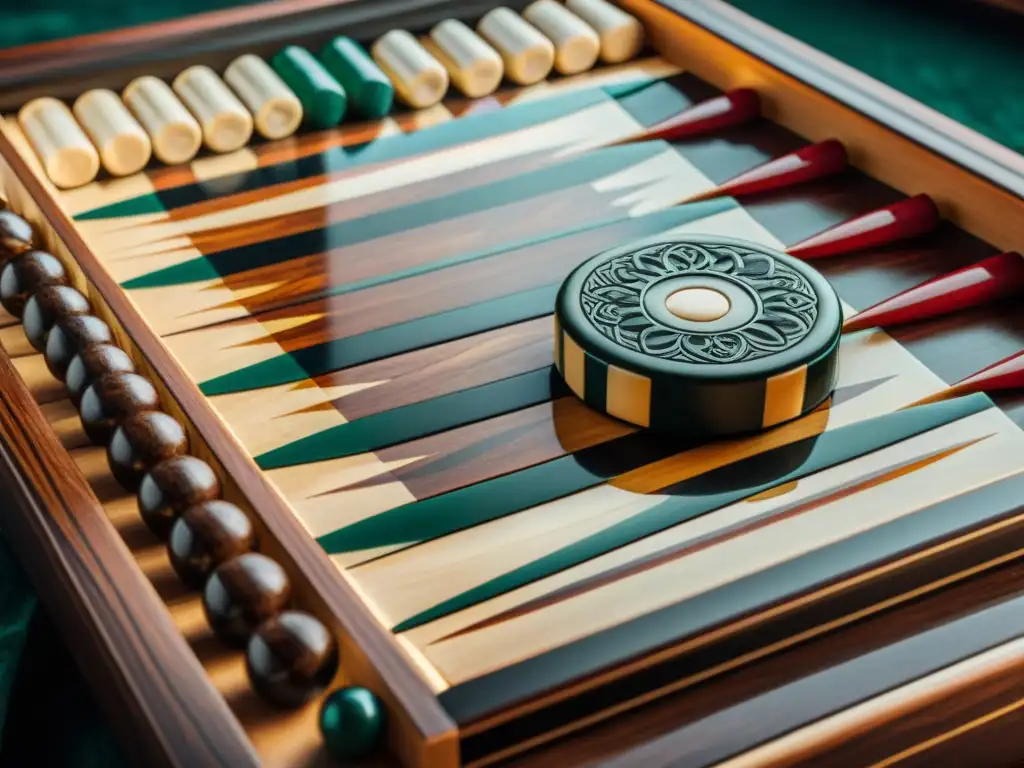 Un tablero de backgammon tallado con símbolos antiguos, reflejando la historia del backgammon en culturas, bañado en cálida luz natural