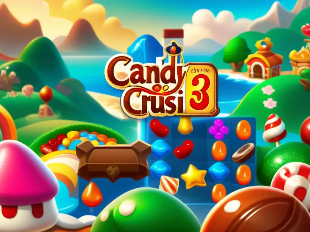 Tablero colorido de Candy Crush Saga con detalles vibrantes, reflejando la tendencia en juegos móviles de redes sociales