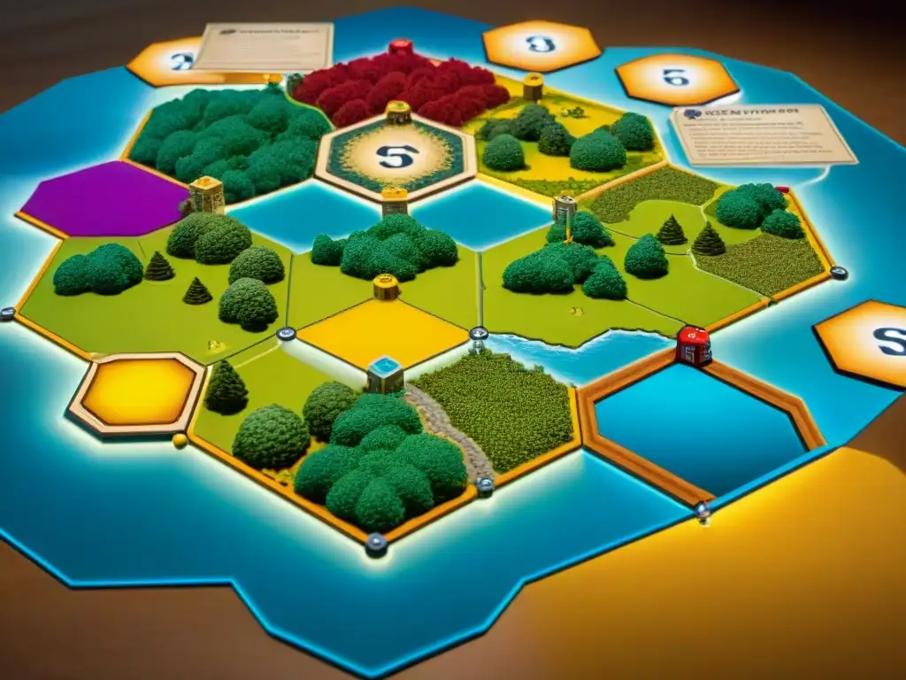 Tablero detallado de 'Los Colonos de Catan', resaltando recursos y construcciones