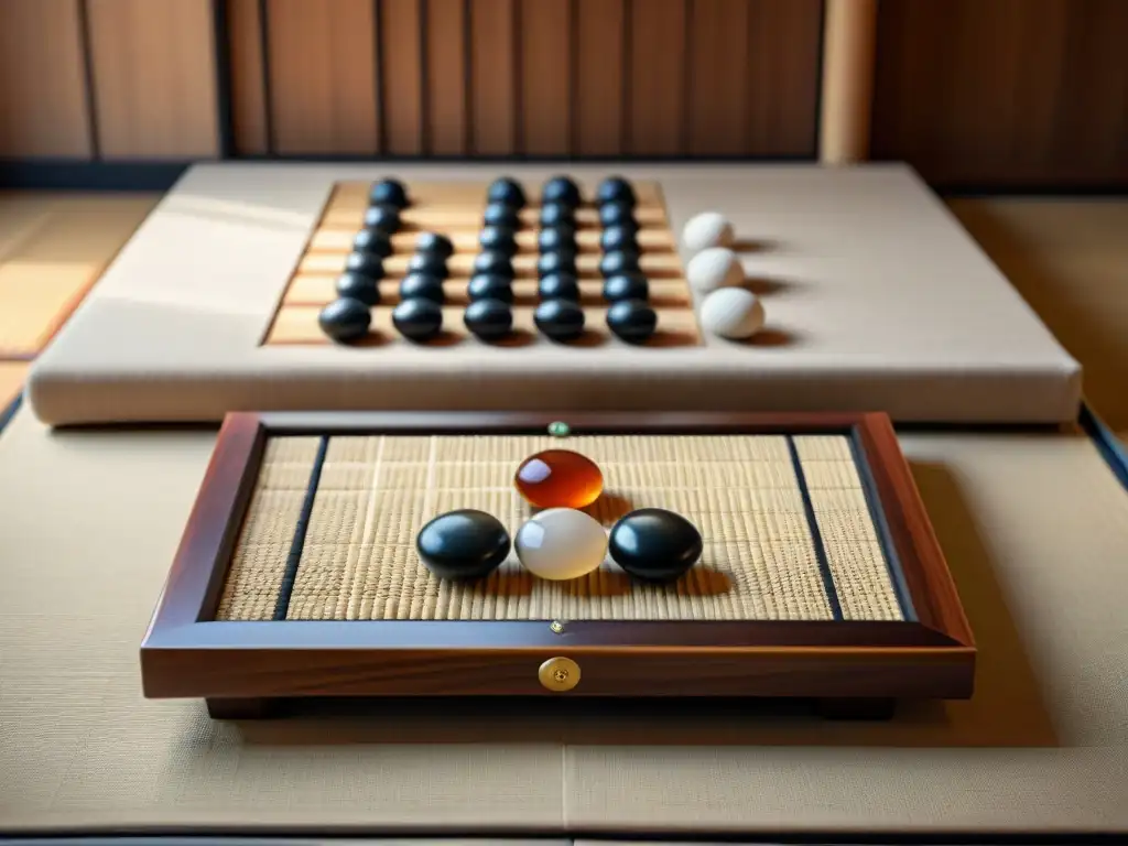 Tablero de Go antiguo sobre tatami japonés, con piedras negras y blancas estratégicamente colocadas