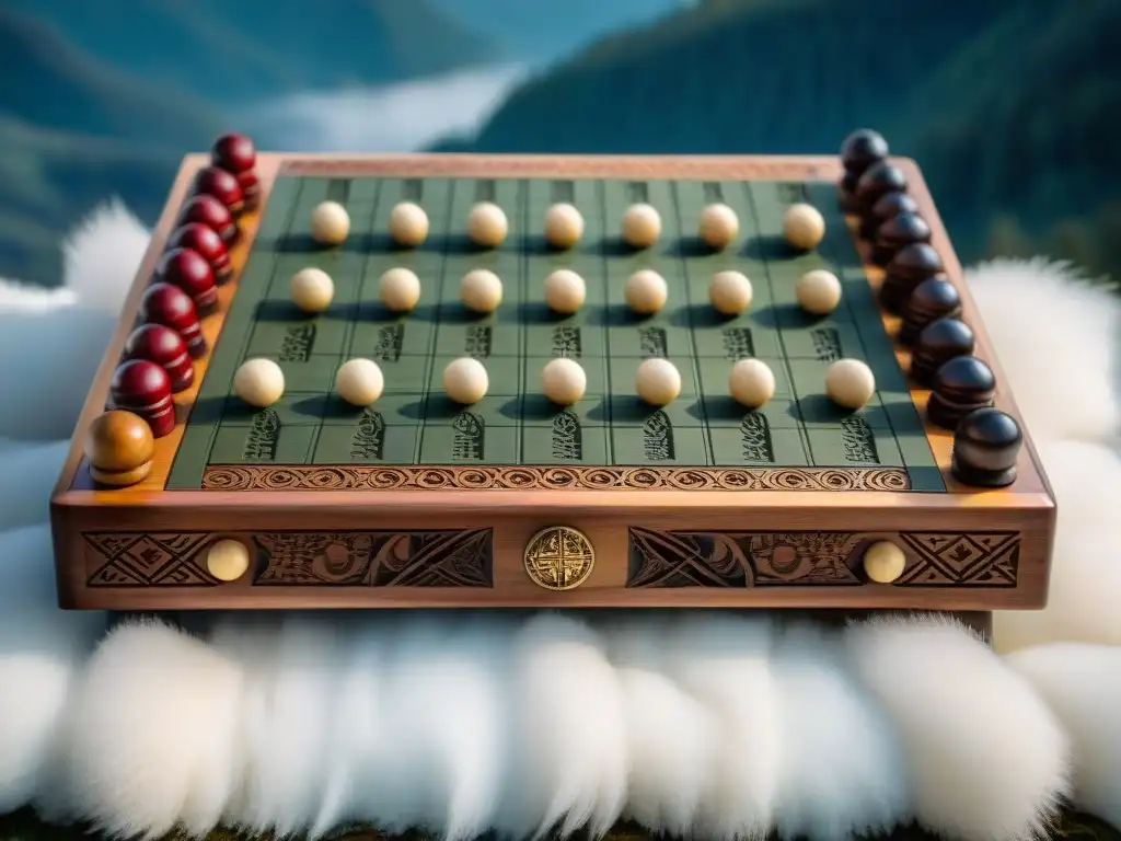 Tablero de Hnefatafl tallado con motivos vikingos, piezas de guerreros nórdicos, paisaje nórdico y estrategias ajedrez vikingo Hnefatafl