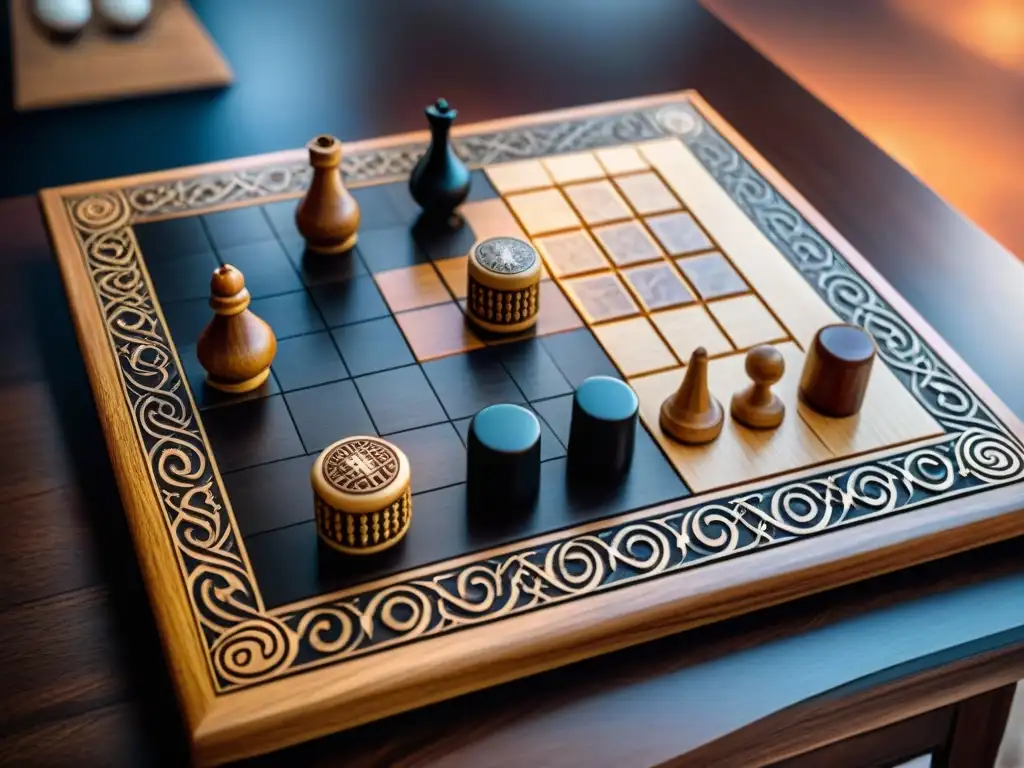 Tablero de Hnefatafl vikingo detallado y con intrincados grabados, listo para una partida estratégica