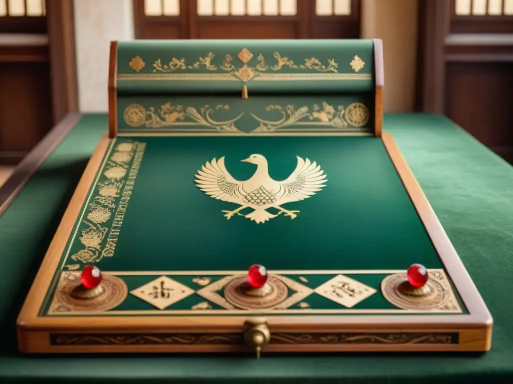 Tablero del juego de la oca histórico detallado con símbolos antiguos, en un escenario medieval europeo