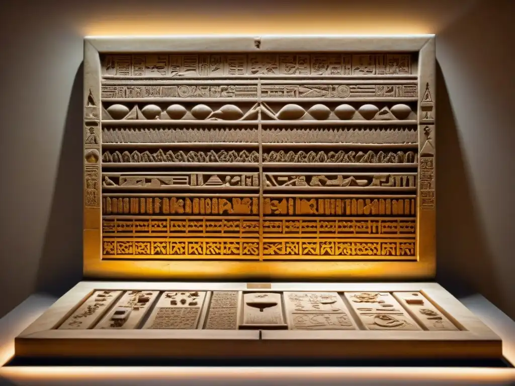 Tablero de juego de marfil de Egipto antiguo en museo con jeroglíficos, lotos y símbolos egipcios, iluminado en penumbra