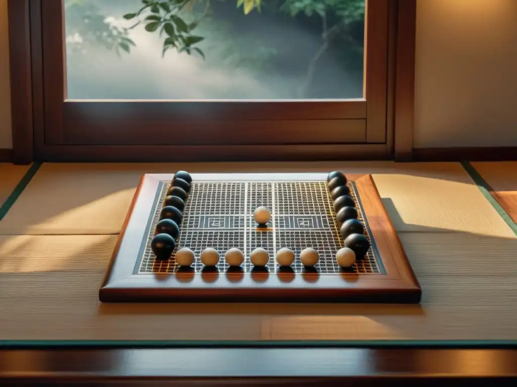 Tablero de Go de madera antiguo, con piedras estratégicamente colocadas en un tatami iluminado