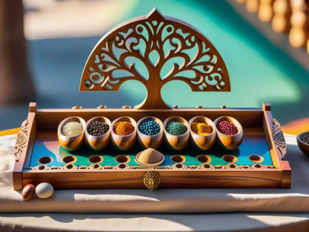 Tablero de Mancala de madera con influencias de juegos de Oriente Medio en un bullicioso mercado, bajo la luz del sol filtrada