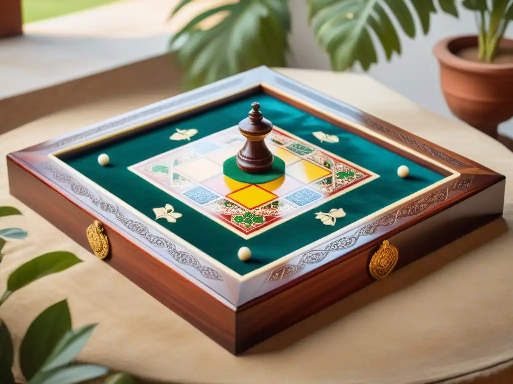 Tablero de Pachisi antiguo de madera de rosa y marfil, con jugadores concentrados en un patio tradicional de la India