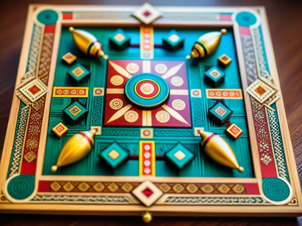 Un tablero de Pachisi tallado a mano con colores vibrantes y patrones intrincados, revelando los orígenes del juego de mesa en la cultura india