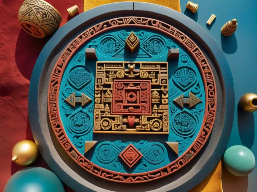 Tablero de Patolli azteca con colores vibrantes y símbolos intrincados, piezas de obsidiana y jade, en ruinas antiguas