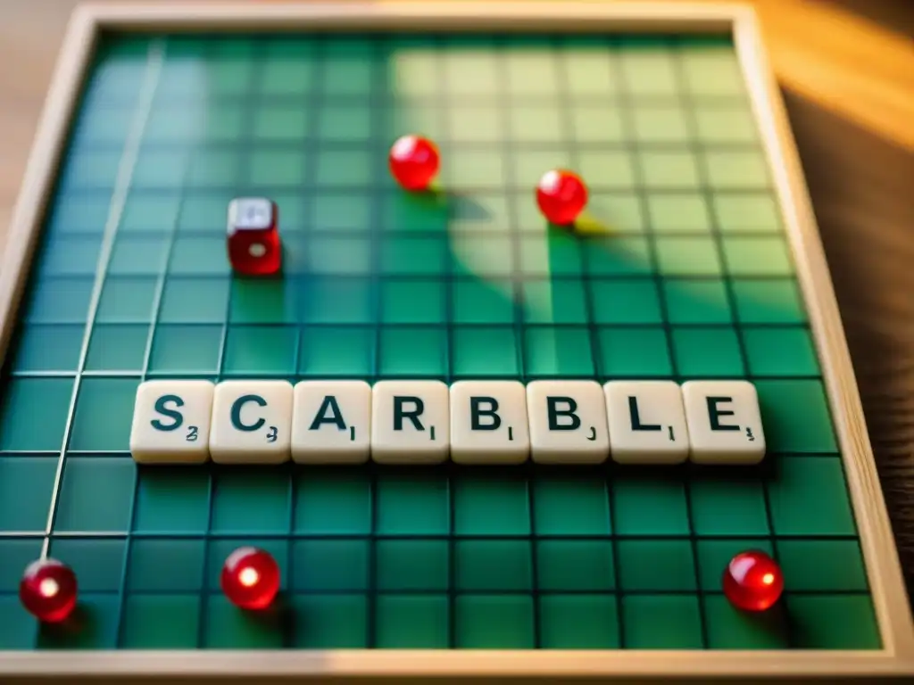 Un tablero de Scrabble original de los años 50 con fichas de madera desgastadas y letras borrosas, evocando la historia del juego de Scrabble