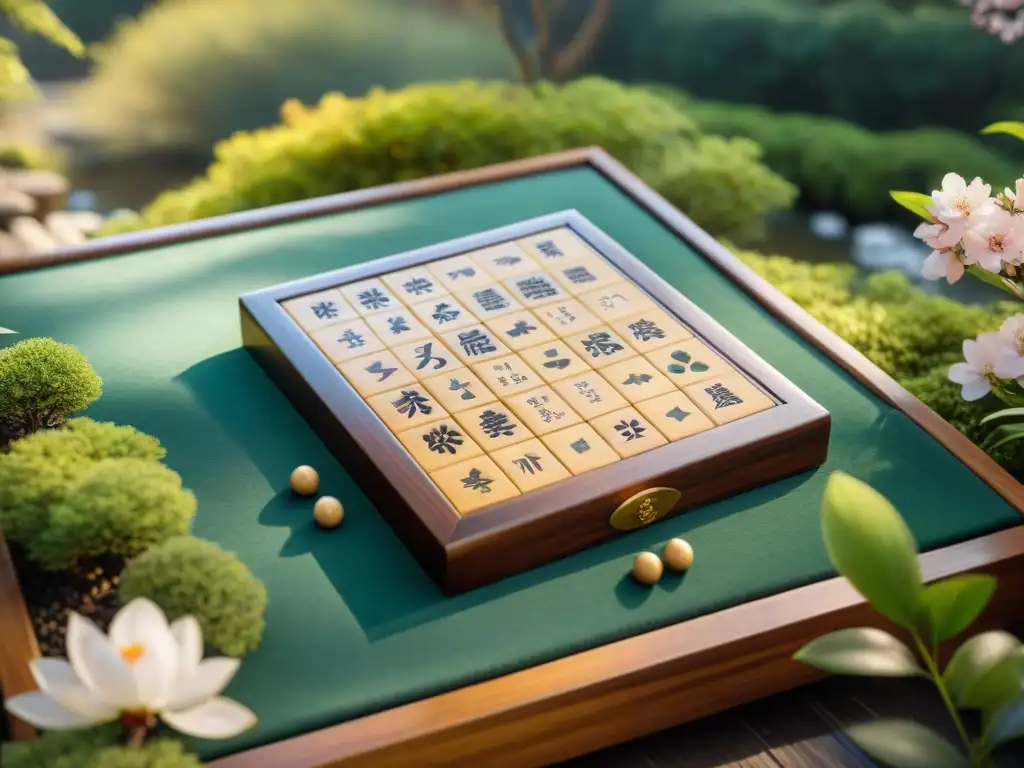 Un tablero de Shogi japonés antiguo, con piezas talladas a mano y un jardín japonés sereno de fondo