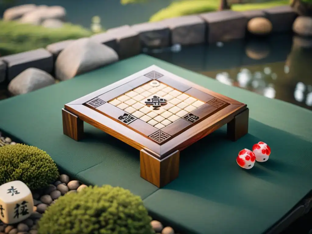 Un tablero de shogi japonés detallado con piezas talladas, en un jardín japonés sereno