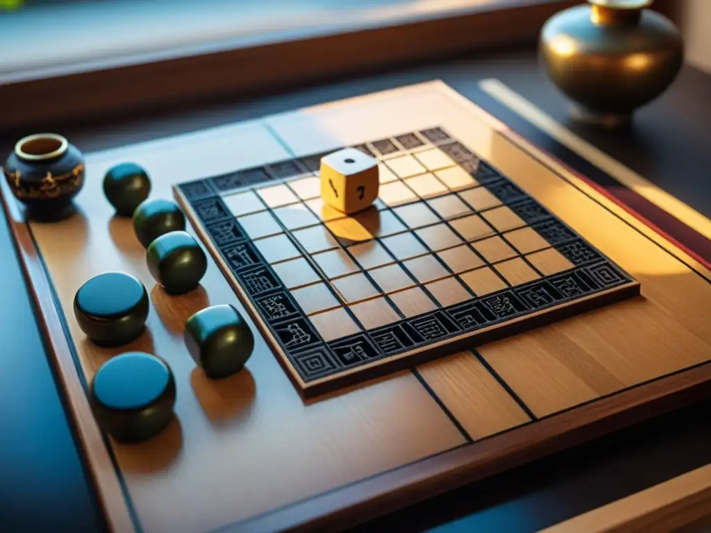 Tablero de Shogi japonés con piezas meticulosamente colocadas, iluminado por la luz del sol