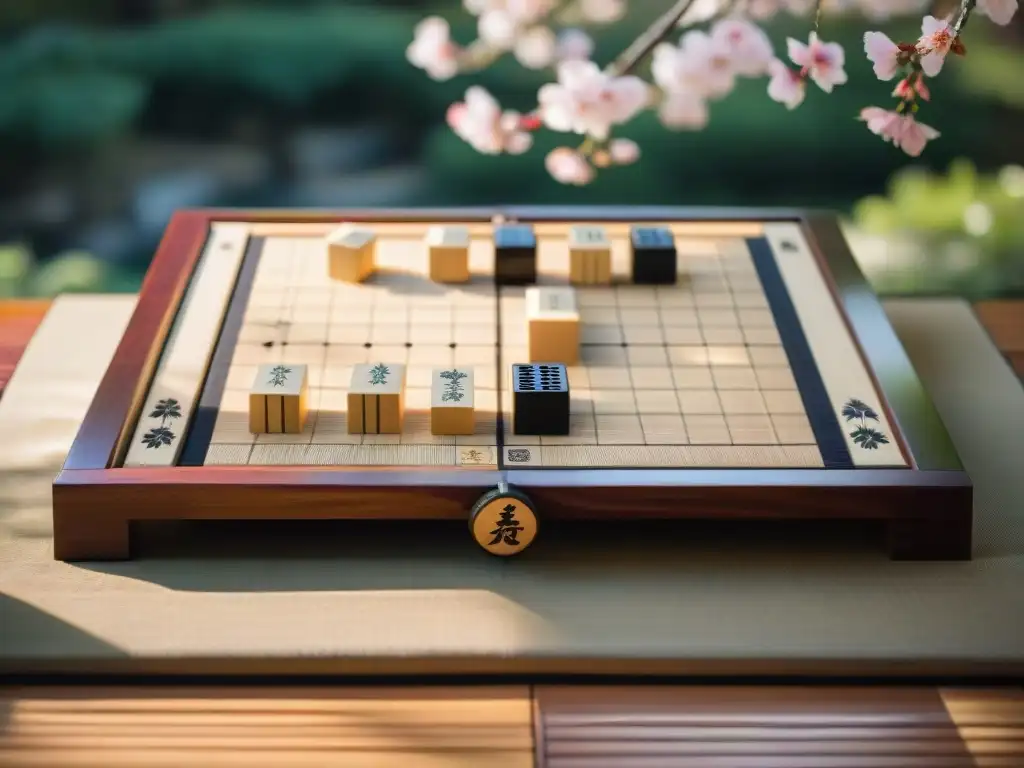 Un tablero de Shogi japonés con piezas de madera talladas, rodeado de un jardín tranquilo con cerezos en flor