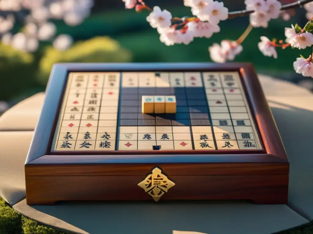 Un tablero de shogi japonés con piezas talladas y un jardín sereno de cerezos en flor