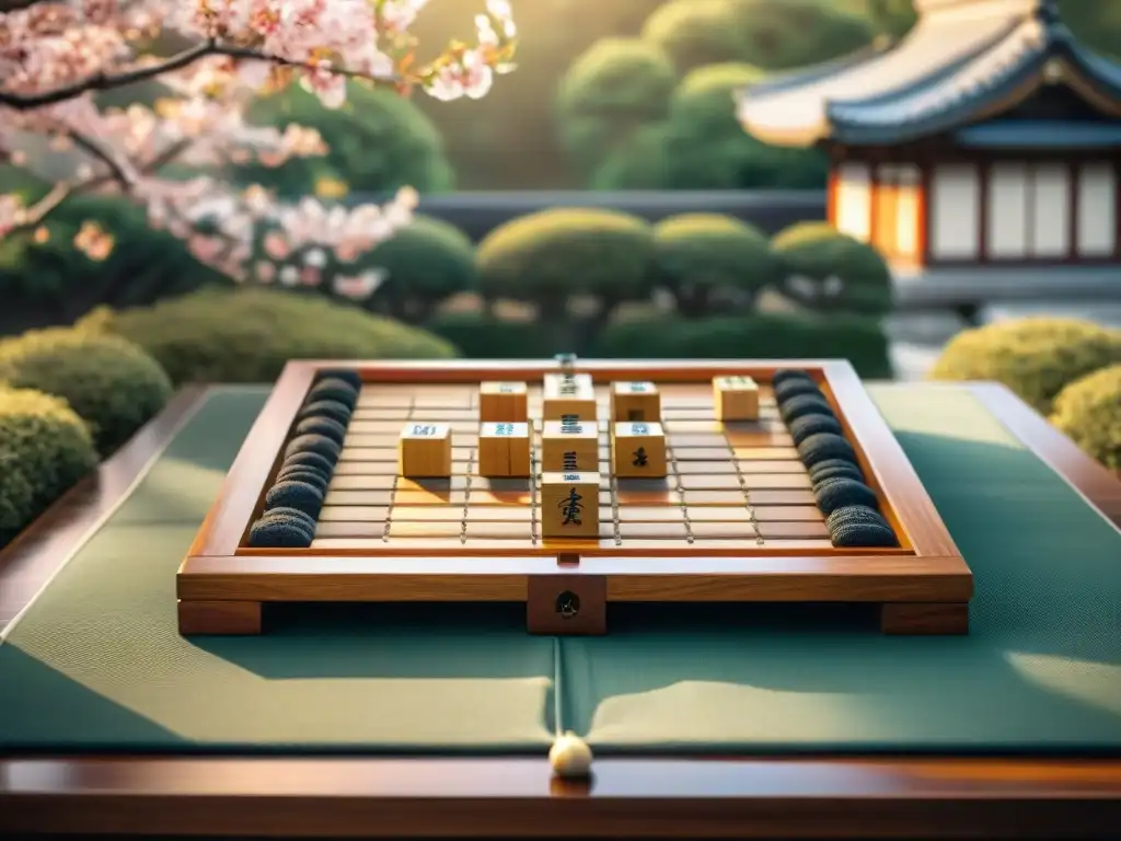 Tablero de shogi japonés con piezas de madera en jardín japonés, comparación juegos estrategia orientales