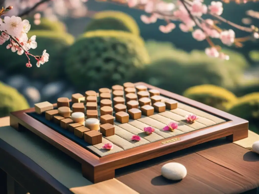 Tablero de Shogi japonés con piezas de madera, rodeado de un jardín japonés sereno con árboles de cerezo en flor