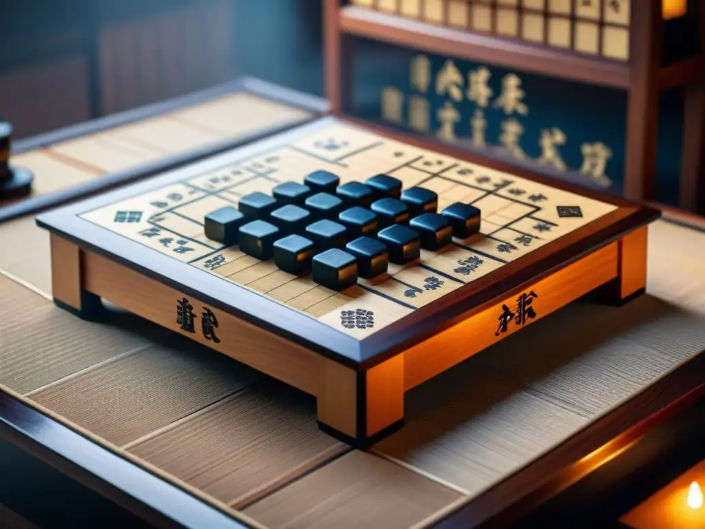 Tablero de Shogi japonés tradicional en madera oscura pulida, piezas estratégicamente colocadas