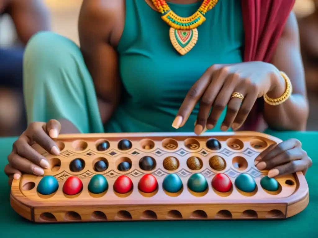 Tablero de Mancala tallado a mano, rodeado de jugadores entusiastas en un bullicioso mercado africano