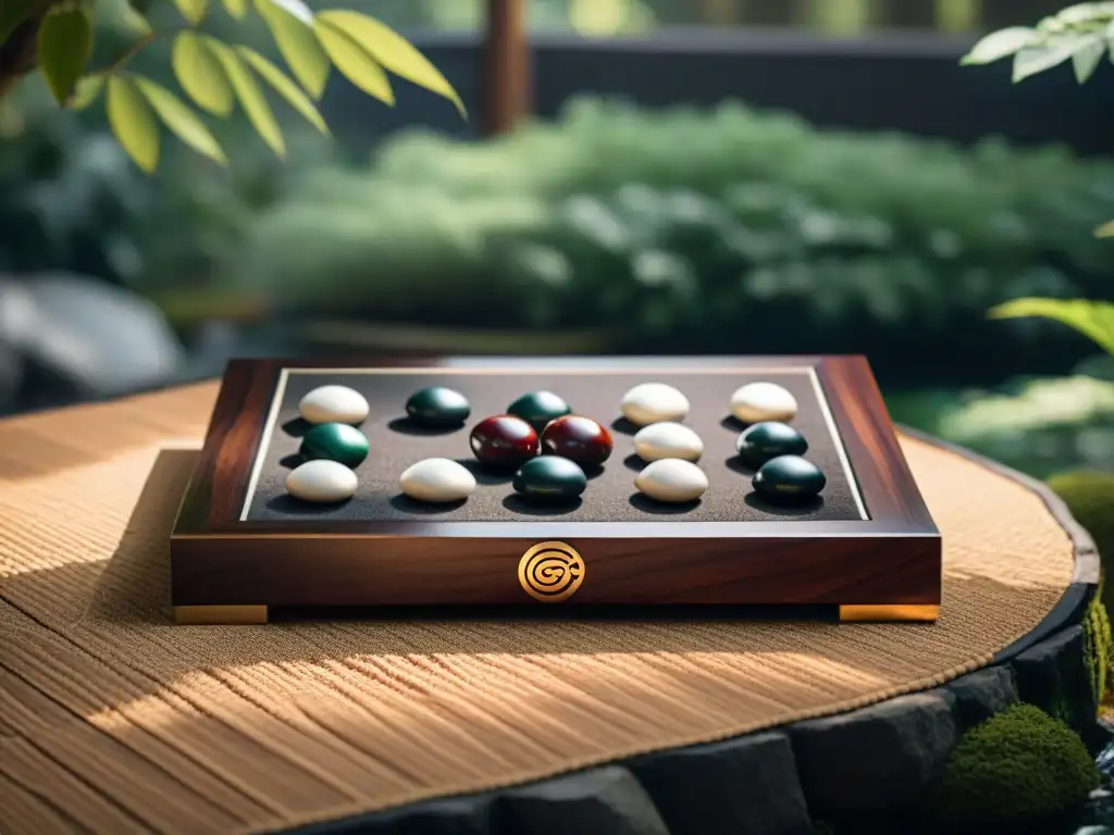 Un tablero de Go tradicional en un jardín japonés, evocando la historia y evolución del juego en el Sudeste Asiático