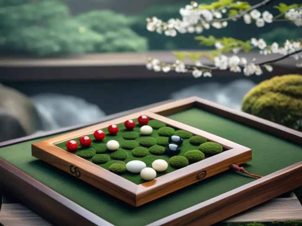 Un tablero de Go tradicional tallado en madera oscura, con piedras blancas y negras colocadas, rodeado de un jardín japonés sereno