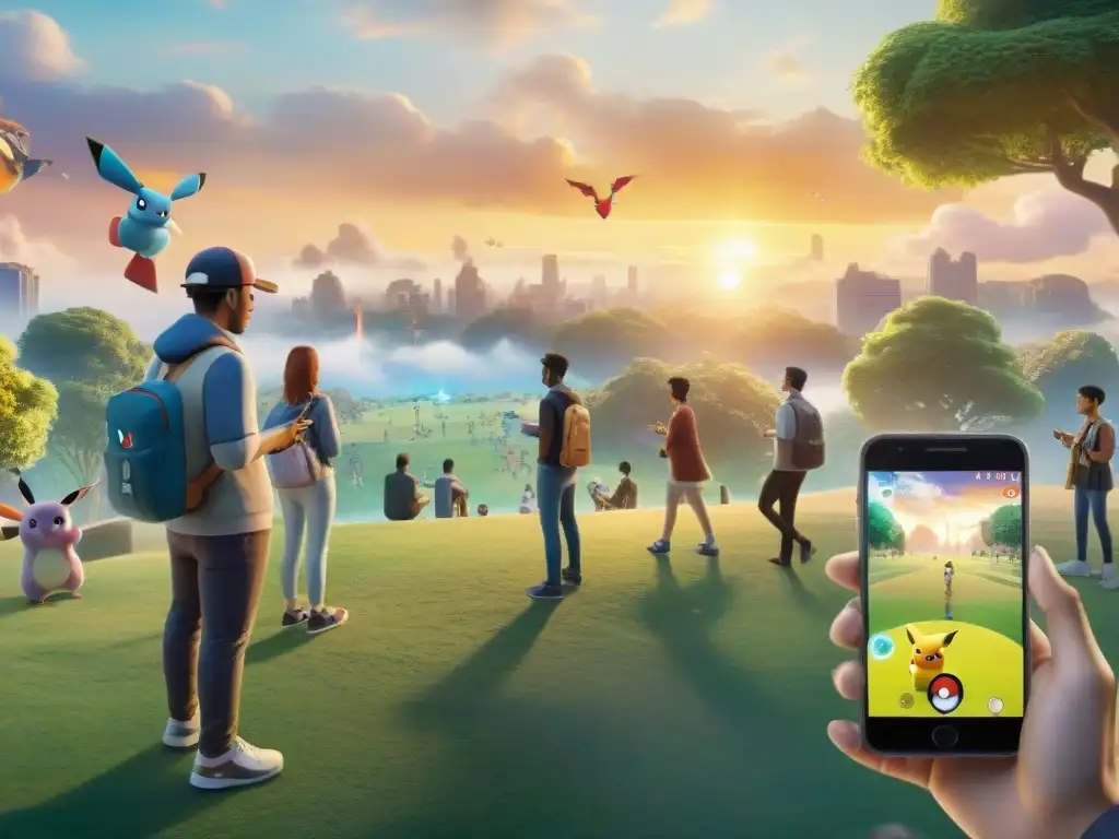 Una tarde mágica en el parque: jóvenes concentrados en sus smartphones jugando Pokémon Go al atardecer, con personajes Pokémon superpuestos